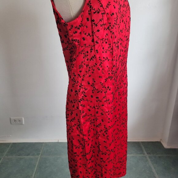Dani Max 1990s Red Satin Chinese Flowers Flocked Velvet Slip Dress (Size: 8) - Picture 4 of 12